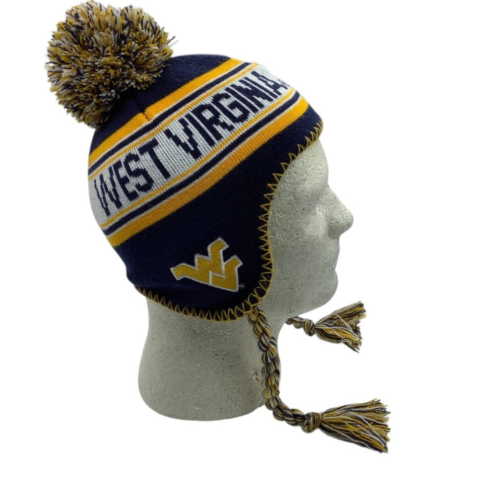 West‎ Virginia Mountaineers Kids Knit Beanie Pom Tassels Navy/Gold Boys 4-7